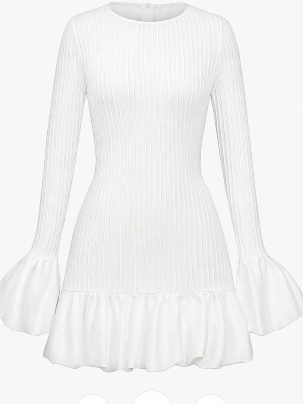 Micas White Ribbed Long-Sleeve Mini Dress with Ruffle Hem